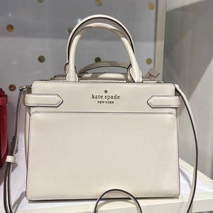 Kate Spade Staci Saffiano Leather Medium Satchel Crossbody Bag Parchment